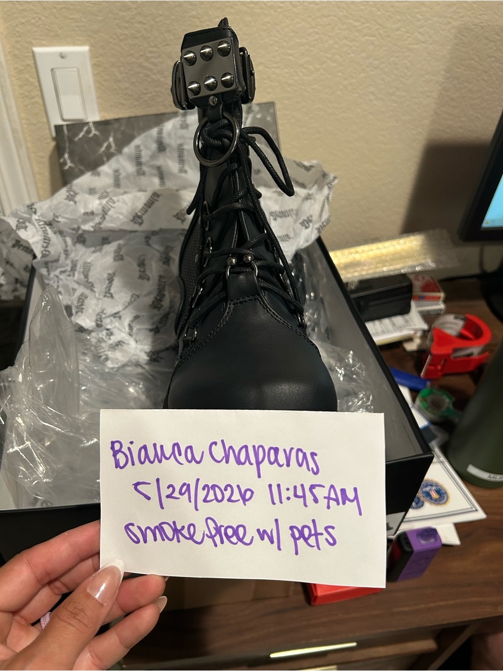 Demonia Black Lace-Up Platform Combat Boots with Studded Anklet
